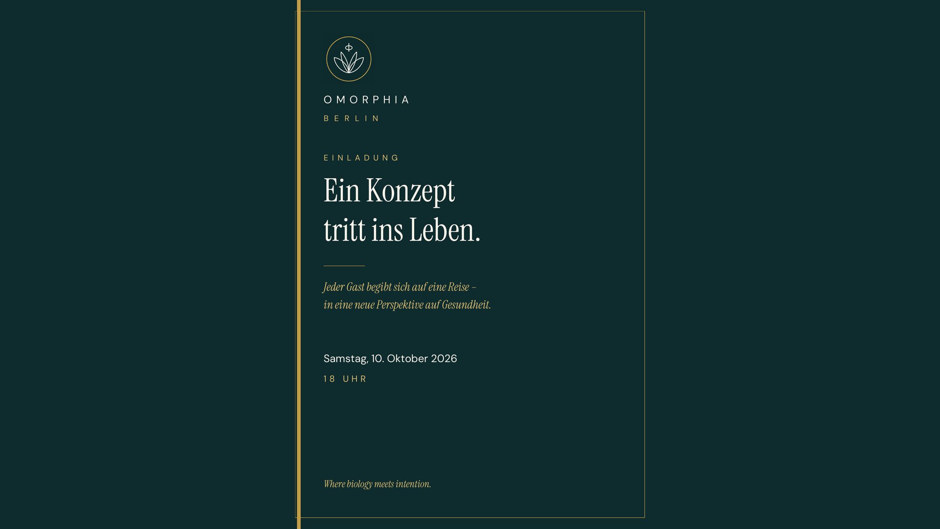 Einladungskarte von OMORPHIA Berlin: „Ein Konzept tritt ins Leben.“ – Samstag, 10. Oktober 2026, 18 Uhr