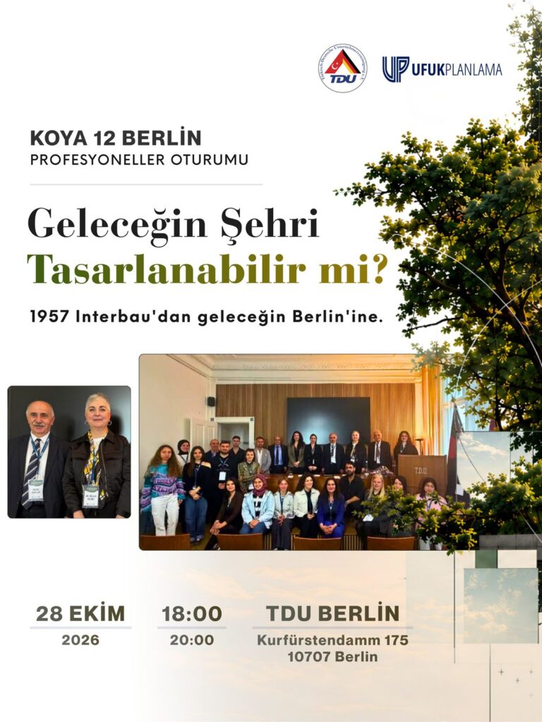 Einladungsplakat KOYA 12 Berlin, Sitzung für Professionals: „Lässt sich die Stadt der Zukunft gestalten?“ – Mittwoch, 28. Oktober 2026, 18–20 Uhr, TDU Berlin, Kurfürstendamm 175, mit den Logos der TDU und von Ufuk Planlama